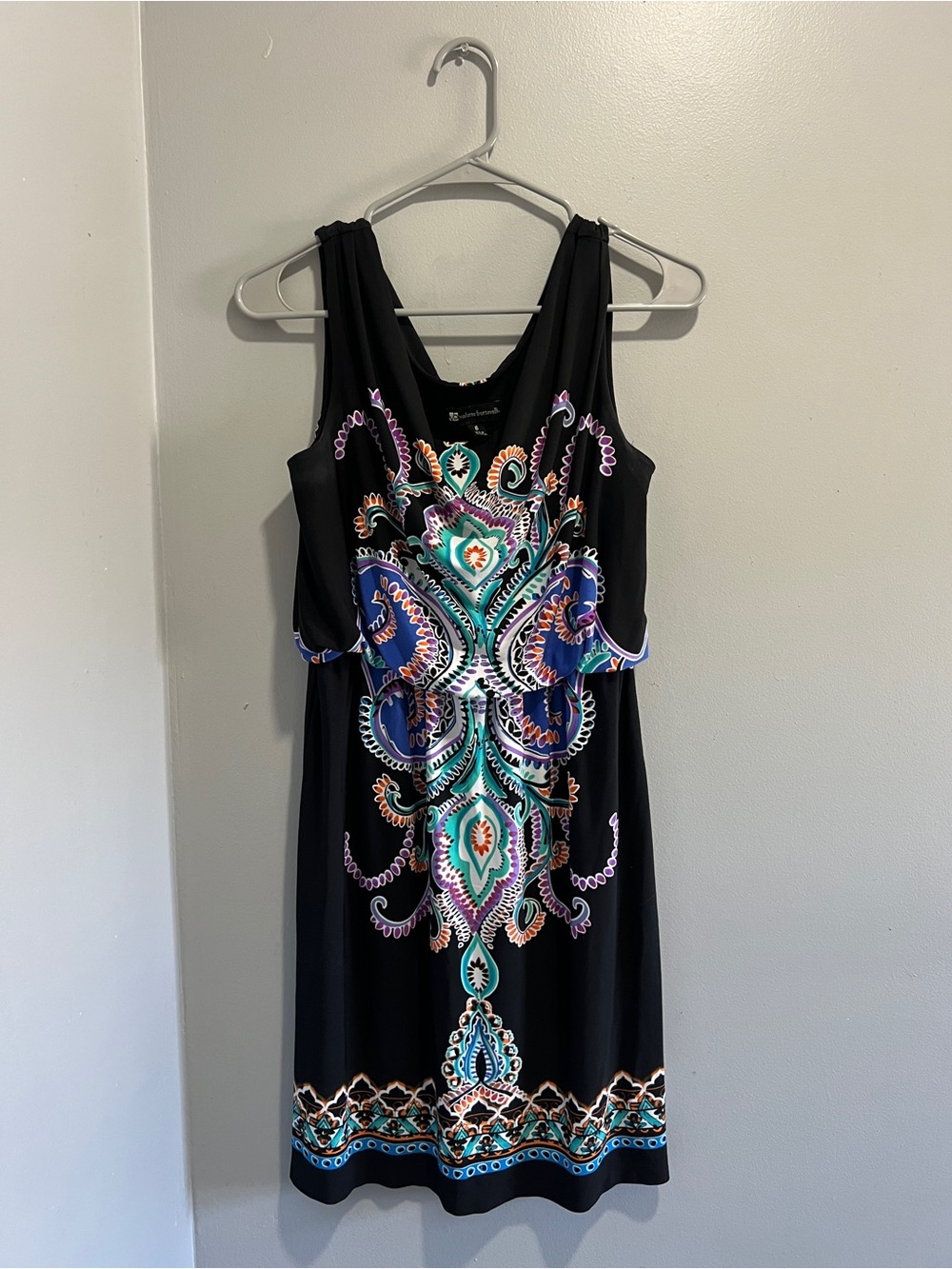 Black Embroidered Sleeveless Dress with Multicolor Medallion Print